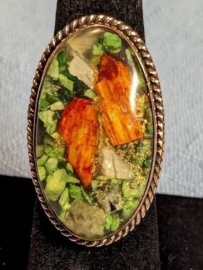 Spiny Oyster Turquoise Handcrafted Oxidized Copper Ring (Size 6.5)